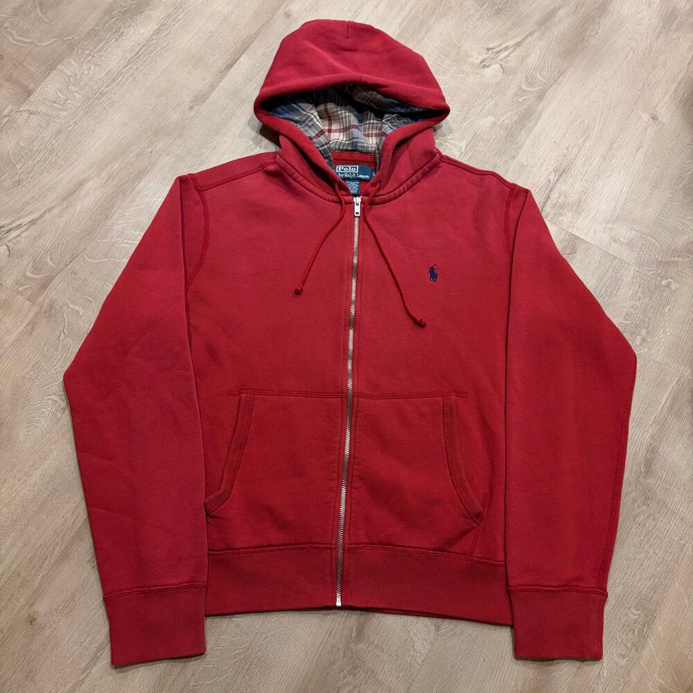 Vintage Polo Ralph Lauren Full Zip Hoodie Faded Red Plaid Lined Hood Men's Large